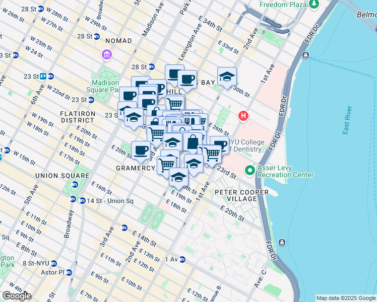 map of restaurants, bars, coffee shops, grocery stores, and more near 285 East 23rd Street in New York