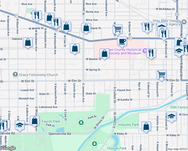 map of restaurants, bars, coffee shops, grocery stores, and more near 18 Elmview Court in Lima
