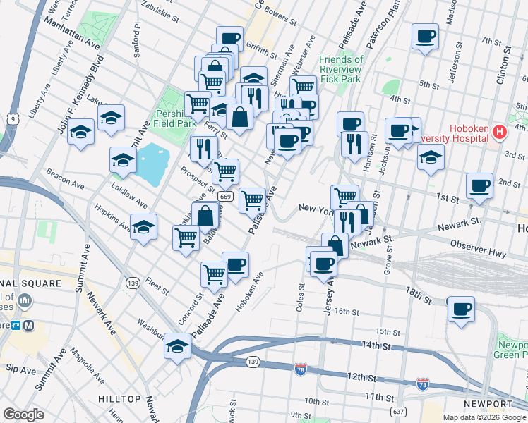 map of restaurants, bars, coffee shops, grocery stores, and more near 296 Palisade Avenue in Jersey City