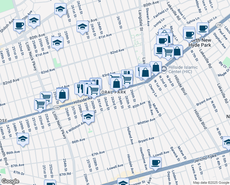 map of restaurants, bars, coffee shops, grocery stores, and more near 263-14 Hillside Avenue in Queens