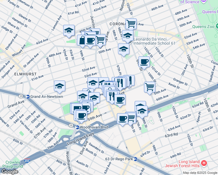 map of restaurants, bars, coffee shops, grocery stores, and more near in Queens