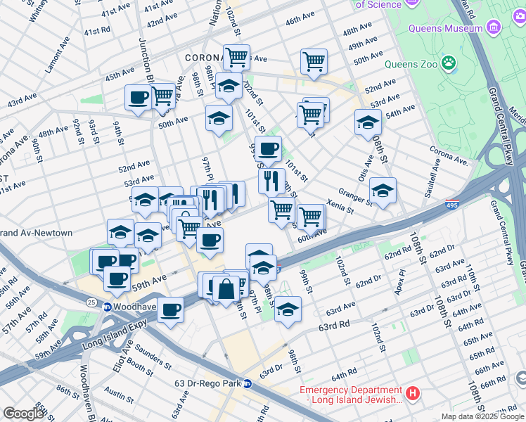 map of restaurants, bars, coffee shops, grocery stores, and more near 98-40 57th Avenue in Queens
