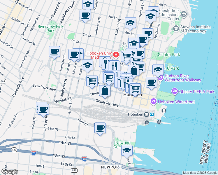 map of restaurants, bars, coffee shops, grocery stores, and more near 109 Willow Avenue in Hoboken