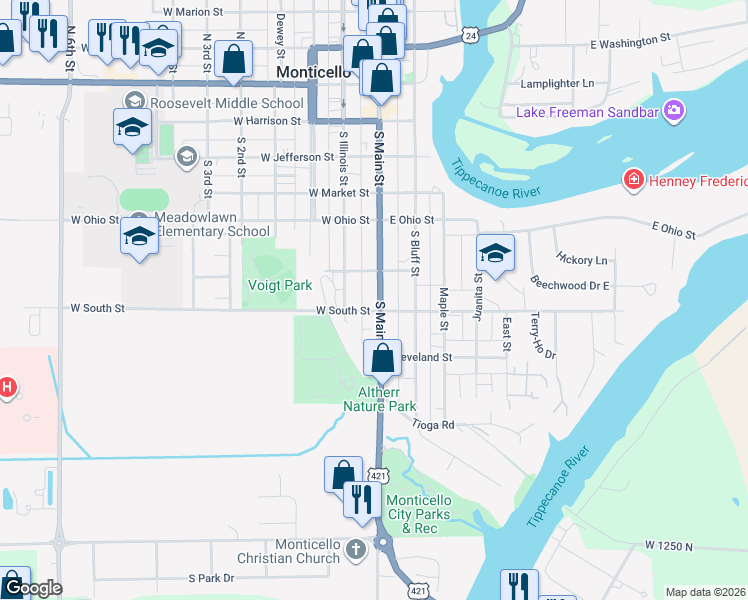 map of restaurants, bars, coffee shops, grocery stores, and more near 557-599 South Main Street in Monticello