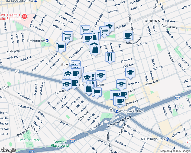 map of restaurants, bars, coffee shops, grocery stores, and more near 88-58 53rd Avenue in Queens