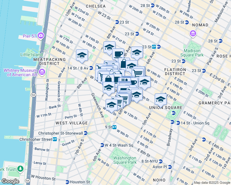 map of restaurants, bars, coffee shops, grocery stores, and more near 134 West 15th Street in New York