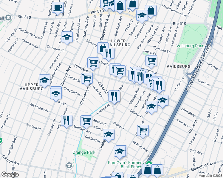 map of restaurants, bars, coffee shops, grocery stores, and more near 235 Alexander Street in Newark