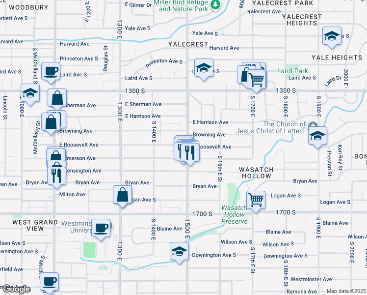 map of restaurants, bars, coffee shops, grocery stores, and more near 1478 East Roosevelt Avenue in Salt Lake City