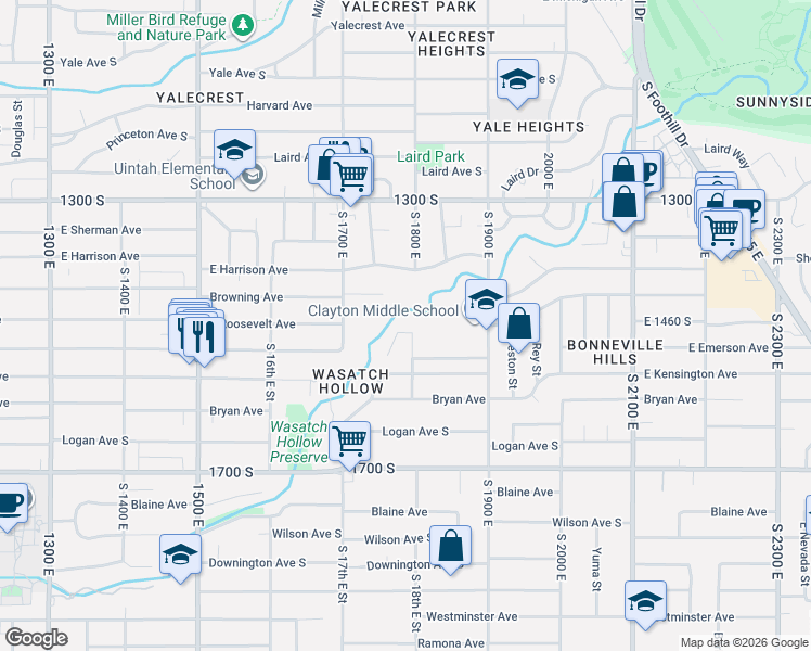 map of restaurants, bars, coffee shops, grocery stores, and more near 1752 Browning Avenue South in Salt Lake City