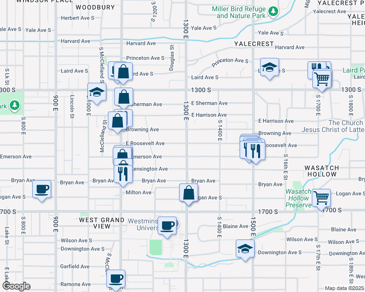 map of restaurants, bars, coffee shops, grocery stores, and more near 1433 South 1300 East in Salt Lake City