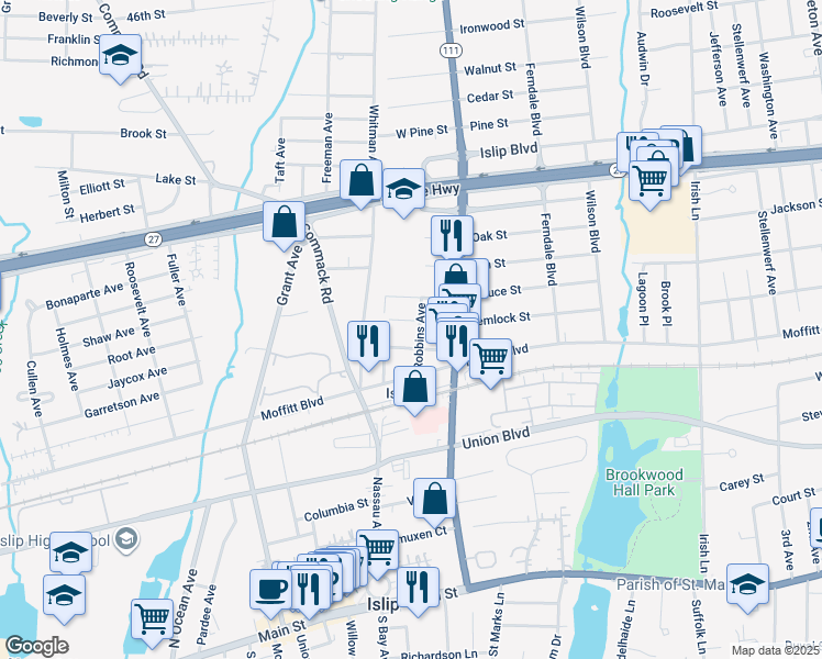 map of restaurants, bars, coffee shops, grocery stores, and more near 31 Robbins Avenue in Islip