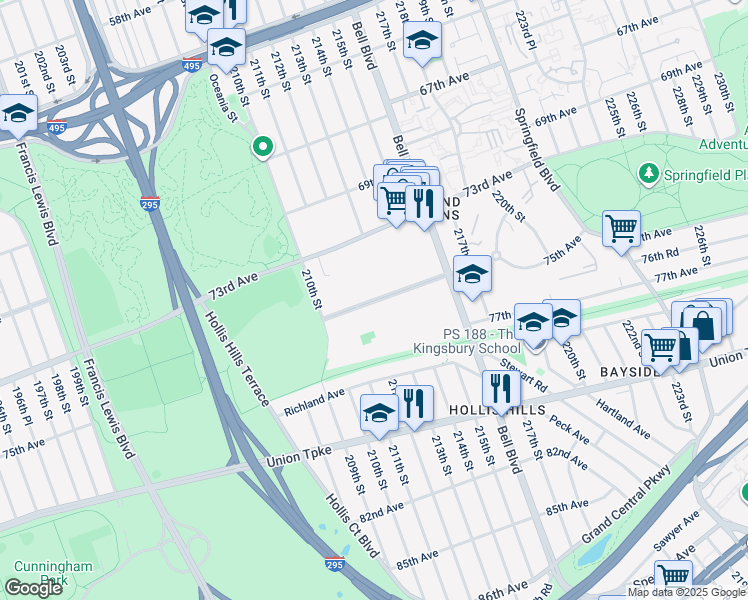 map of restaurants, bars, coffee shops, grocery stores, and more near 210-11 75th Avenue in Queens