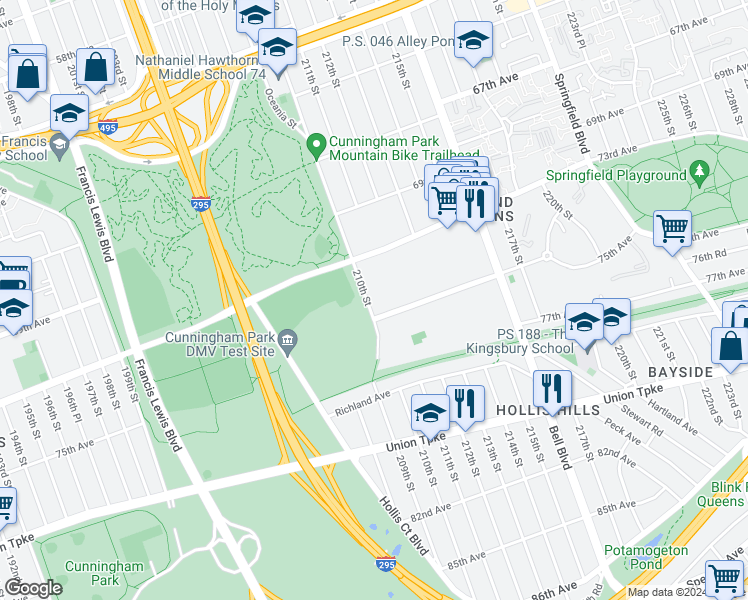 map of restaurants, bars, coffee shops, grocery stores, and more near 73-11 210th Street in Queens