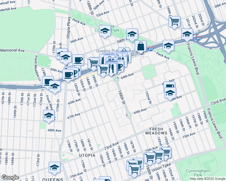 map of restaurants, bars, coffee shops, grocery stores, and more near 64-5B 186th Lane in Queens
