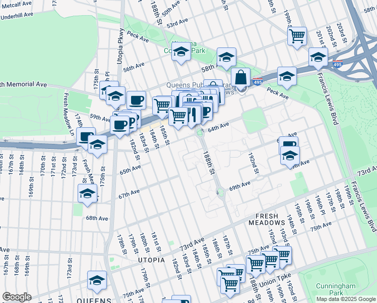 map of restaurants, bars, coffee shops, grocery stores, and more near 64-5B 186th Lane in Queens