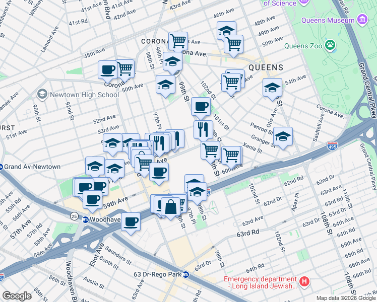 map of restaurants, bars, coffee shops, grocery stores, and more near 55-25 98th Place in Queens