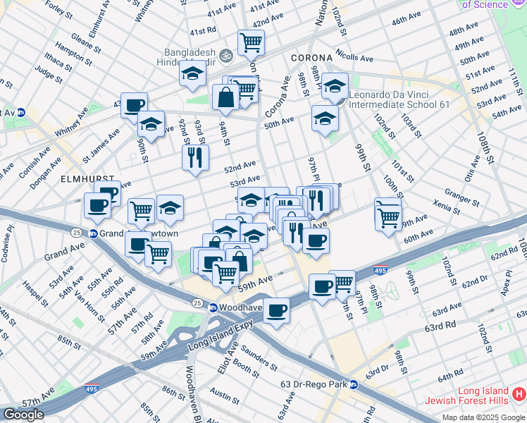 map of restaurants, bars, coffee shops, grocery stores, and more near 94-24 54th Avenue in Queens
