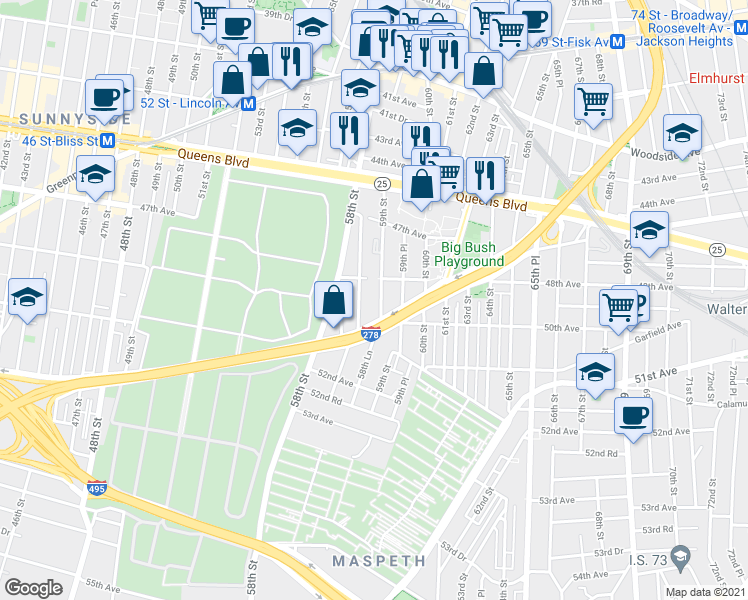 map of restaurants, bars, coffee shops, grocery stores, and more near 4802 59th Street in Queens