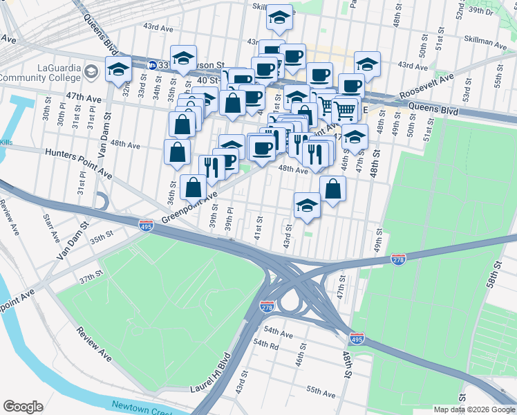 map of restaurants, bars, coffee shops, grocery stores, and more near 48-50 41st Street in Queens