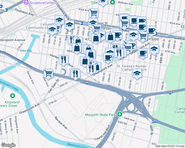 map of restaurants, bars, coffee shops, grocery stores, and more near 48-65 37th Street in Queens