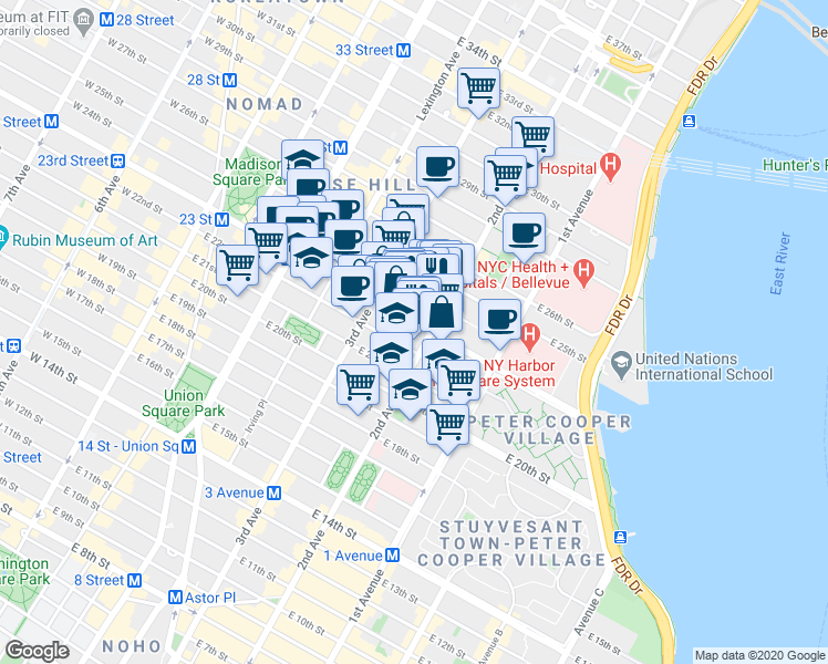 map of restaurants, bars, coffee shops, grocery stores, and more near in New York