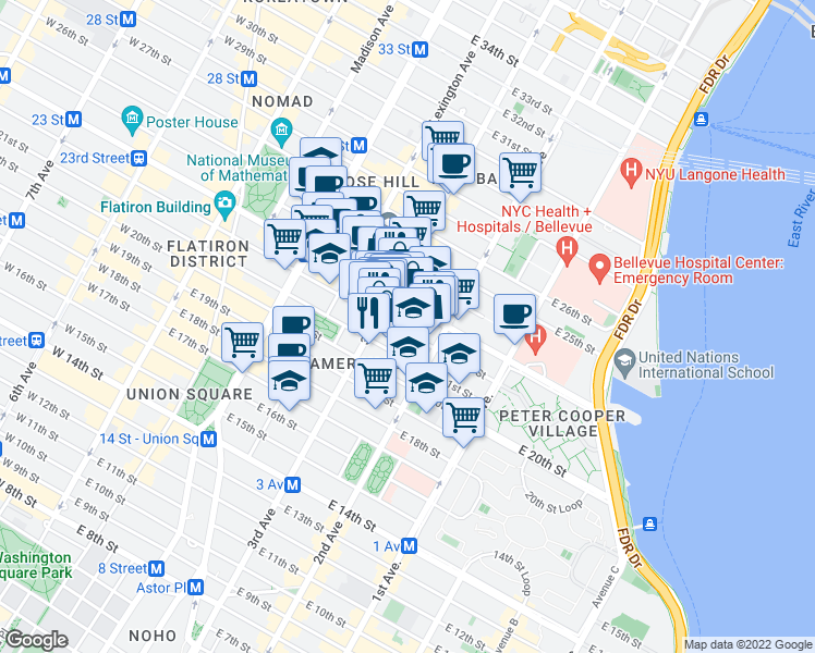 map of restaurants, bars, coffee shops, grocery stores, and more near in New York