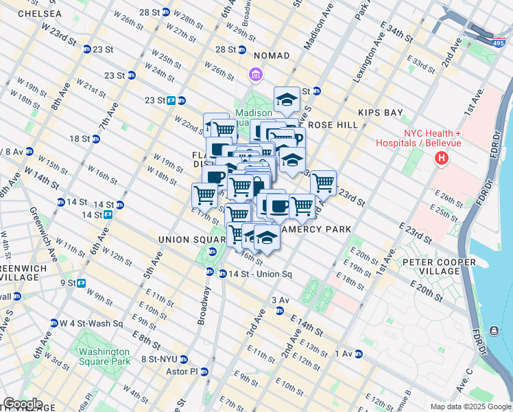 map of restaurants, bars, coffee shops, grocery stores, and more near 255 Park Avenue South in New York