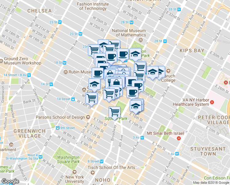map of restaurants, bars, coffee shops, grocery stores, and more near 123 5th Avenue in New York