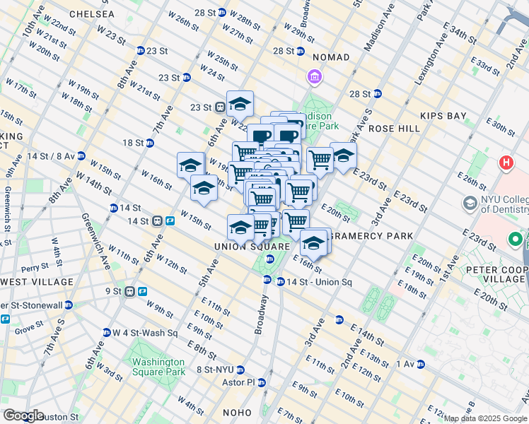 map of restaurants, bars, coffee shops, grocery stores, and more near 901 Broadway in New York