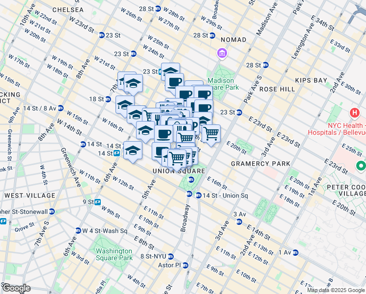 map of restaurants, bars, coffee shops, grocery stores, and more near in New York
