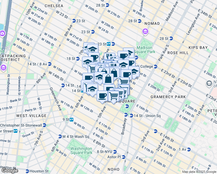 map of restaurants, bars, coffee shops, grocery stores, and more near 27 West 17th Street in New York