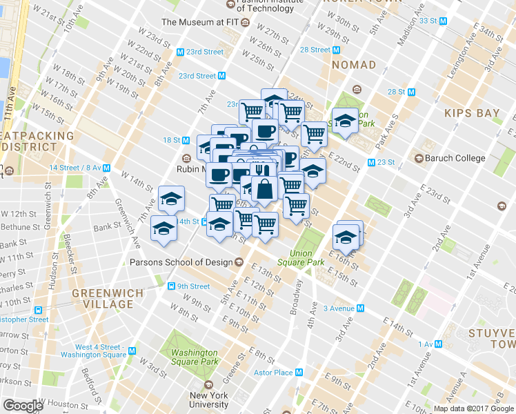 map of restaurants, bars, coffee shops, grocery stores, and more near 27 West 17th Street in New York