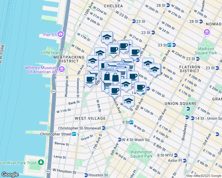 map of restaurants, bars, coffee shops, grocery stores, and more near 219 West 13th Street in New York