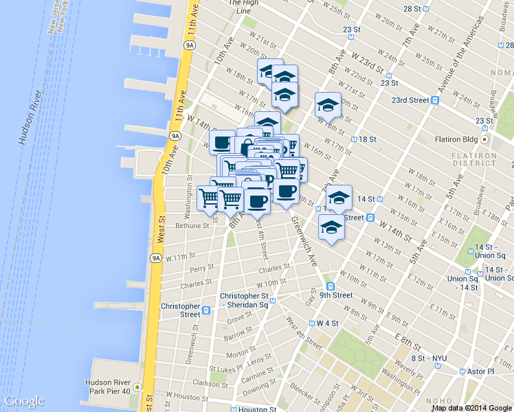 map of restaurants, bars, coffee shops, grocery stores, and more near 41 Jane Street in New York