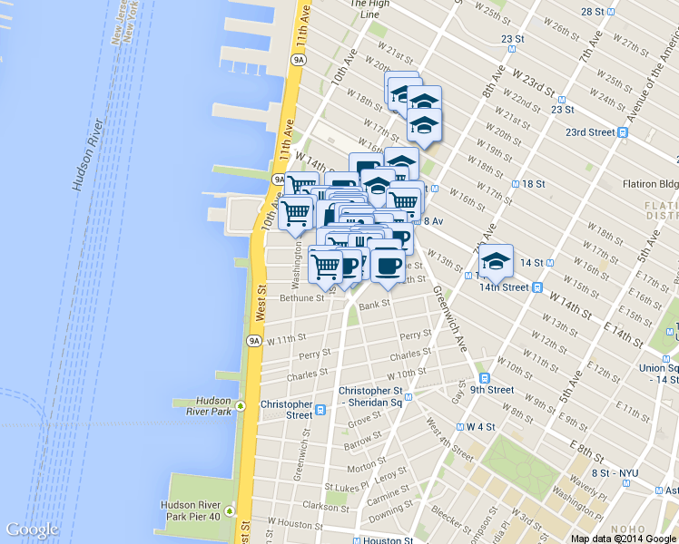 map of restaurants, bars, coffee shops, grocery stores, and more near 616 Hudson Street in New York
