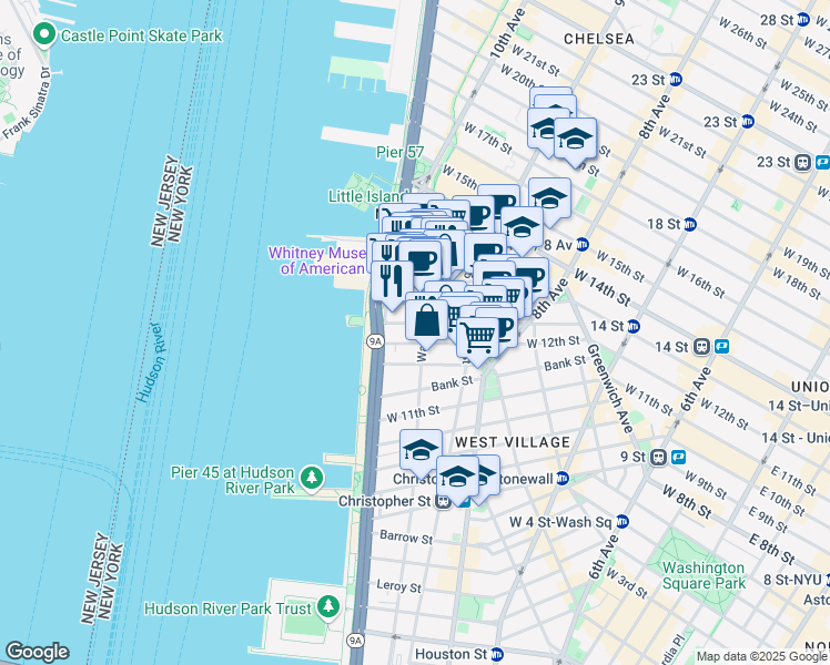 map of restaurants, bars, coffee shops, grocery stores, and more near 809 Washington Street in New York