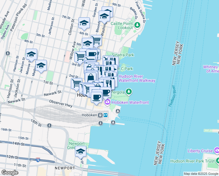 map of restaurants, bars, coffee shops, grocery stores, and more near 221 River Street in Hoboken