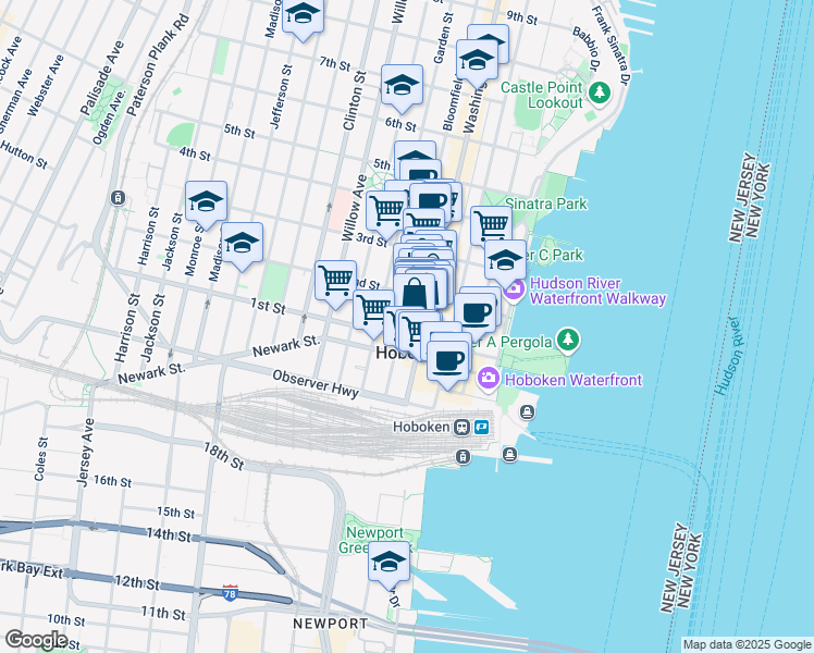 map of restaurants, bars, coffee shops, grocery stores, and more near 128 Washington Street in Hoboken