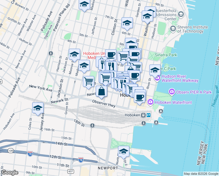 map of restaurants, bars, coffee shops, grocery stores, and more near 109 Willow Avenue in Hoboken