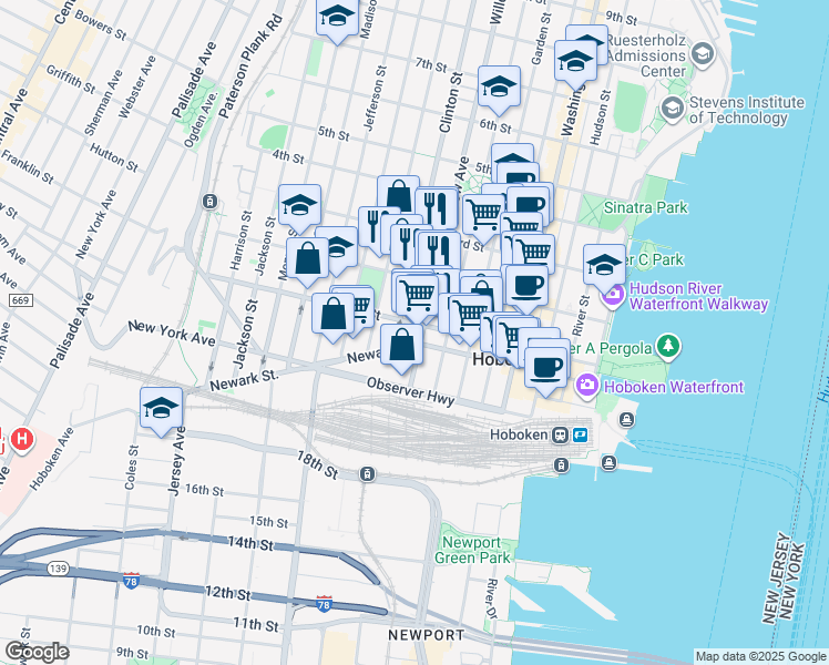 map of restaurants, bars, coffee shops, grocery stores, and more near in Hoboken
