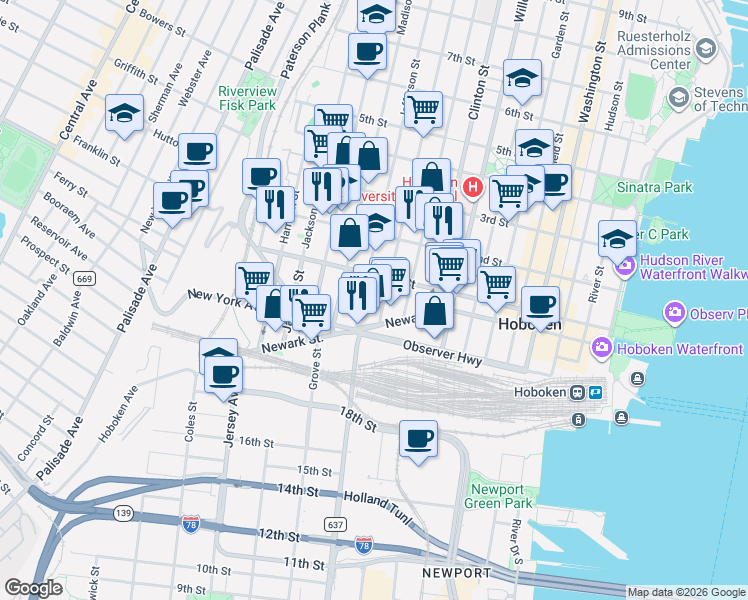 map of restaurants, bars, coffee shops, grocery stores, and more near 92 Jefferson Street in Hoboken