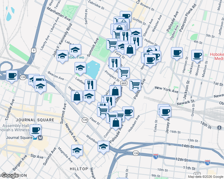 map of restaurants, bars, coffee shops, grocery stores, and more near 173 Oakland Avenue in Jersey City