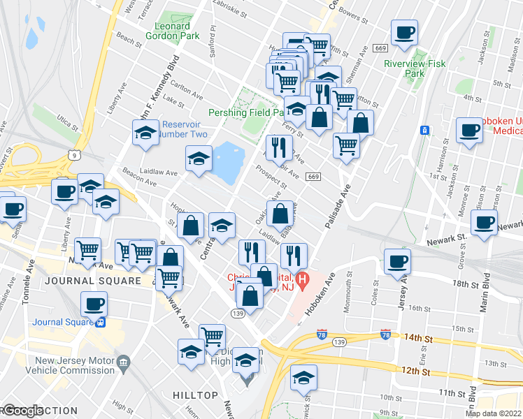 map of restaurants, bars, coffee shops, grocery stores, and more near 107 Waverly Street in Jersey City