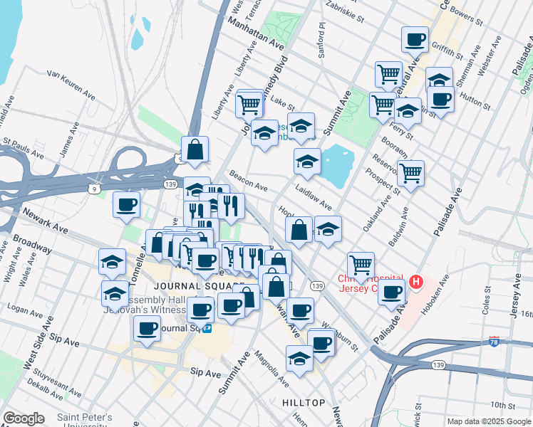 map of restaurants, bars, coffee shops, grocery stores, and more near 203 Hopkins Avenue in Jersey City
