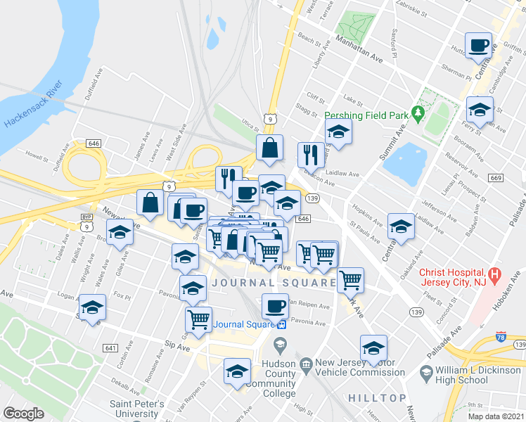 map of restaurants, bars, coffee shops, grocery stores, and more near 76 Liberty Avenue in Jersey City