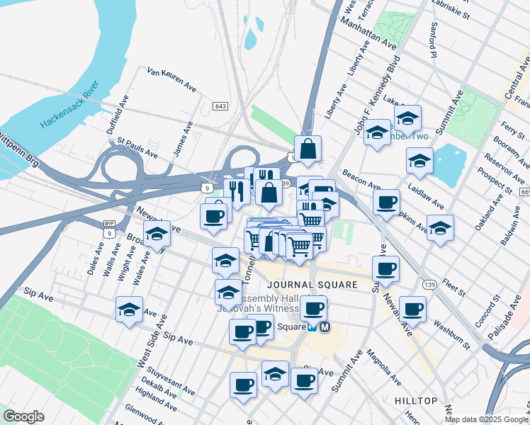 map of restaurants, bars, coffee shops, grocery stores, and more near 225 Tonnelle Avenue in Jersey City