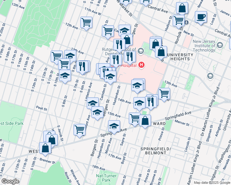 map of restaurants, bars, coffee shops, grocery stores, and more near 198 Bergen Street in Newark