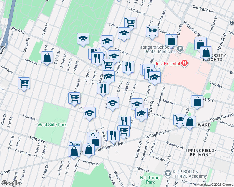 map of restaurants, bars, coffee shops, grocery stores, and more near 332 South 8th Street in Newark