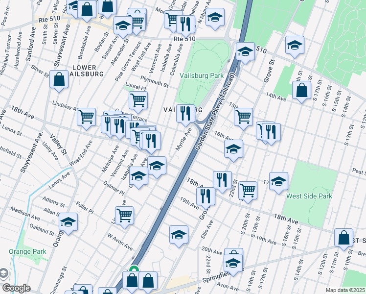 map of restaurants, bars, coffee shops, grocery stores, and more near 388 Myrtle Avenue in Irvington