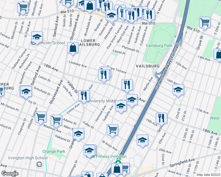 map of restaurants, bars, coffee shops, grocery stores, and more near 902 18th Avenue in Newark